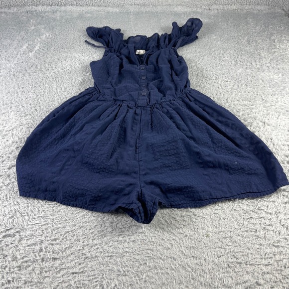 aerie Pants - Aerie Real Womens Small Navy Blue Textured Ruffle Button Front Smocked Romper